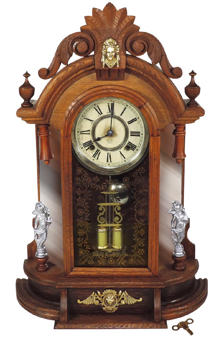 Clock, Ansonia mantel, oak time & strike w/brass & (1 of 1)