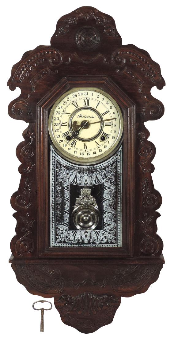 Clock, Ansonia, oak 8-day wall clock w/ pressed & (1 of 1)