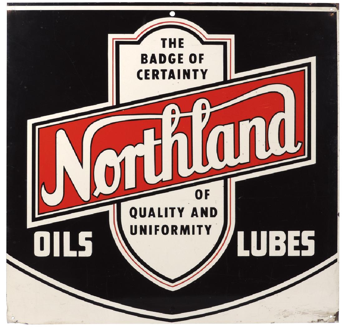 Petroliana sign, Northland Oils & Lubes, single-sided: Petroliana sign, Northland Oils & Lubes, single-sided litho on metal, VG cond w/some edge loss & slight bend on lower L corner, 24"Sq.