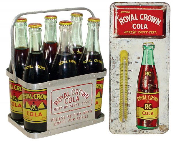 Royal Crown Cola 6 pack metal carrier w/6 12 oz. bo: Royal Crown Cola 6 pack metal carrier w/6 12 oz. bottles full of RC Cola, bottles are dated 1936 w/applied colored labels, all Exc. cond., 9.5"H x 9"W & Royal Crown Cola embossed thermometer, Fair con