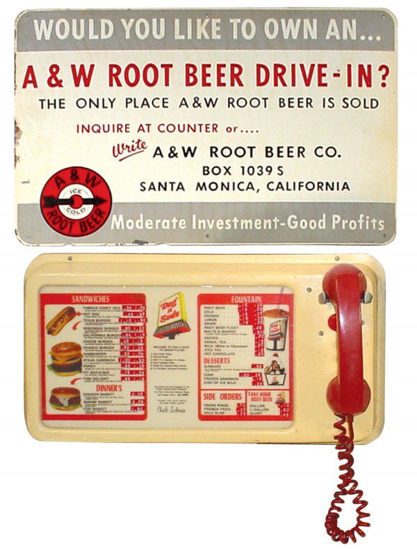 Dog n Suds Root Beer drive-up window menu board w/: Dog n Suds Root Beer drive-up window menu board w/phone, red & cream, root beer for 15 Cents, VG cond., 11.5"H x 21.5"W & A&W Root Beer Drive-In metal sign from Santa Monica, CA, VG cond. w/edge wear,