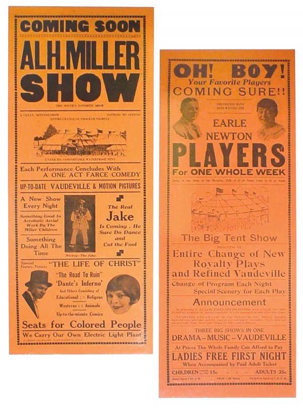 Tent show posters/broadsides (2), Al H. Miller Sho: Tent show posters/broadsides (2), Al H. Miller Show & Earl Newton Show, Miller Show pictures Mickey The Jack, a Black minstrel & advertises "Seats for Colored People", Earle Newton tickets are 15 Cent