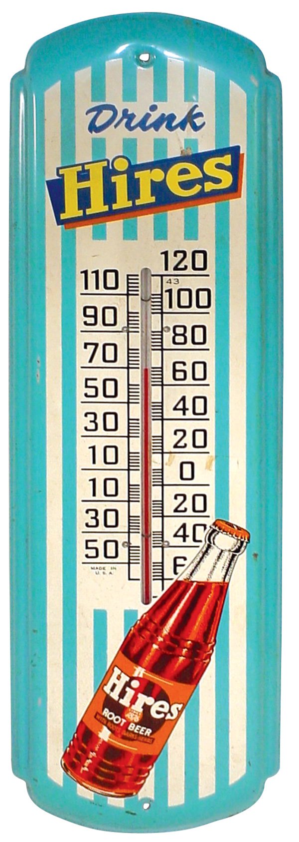 Hires Root Beer thermometer, blue & white striped: Hires Root Beer thermometer, blue & white striped w/bottle graphics, c.1950's, VG cond., 26.5"H x 8"W.