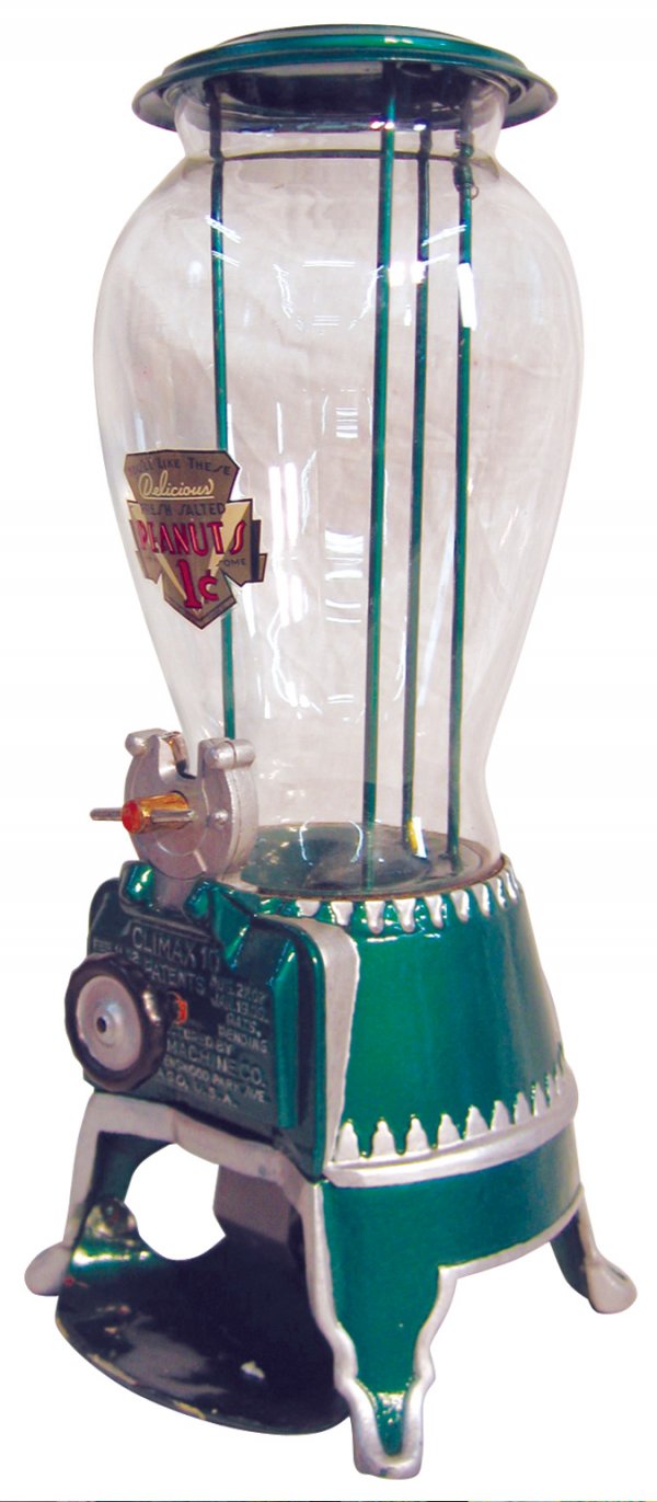 Coin operated machine, Climax 10 peanut machine w/: Coin operated machine, Climax 10 peanut machine w/slug rejecter coin entry, mfgd by Advance Machine Co., c.1915, a Rare machine w/an older restoration, complete w/back cover, lock & keys, Exc. cond. w