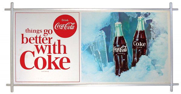 Coca-Cola cdbd sign, new old stock unframed double: Coca-Cola cdbd sign, new old stock unframed double-sided "Things Go Better with Coke", one side shows pretty girl on phone & other shows ice cold bottles & a new old stock (never unwrapped) metal Coca