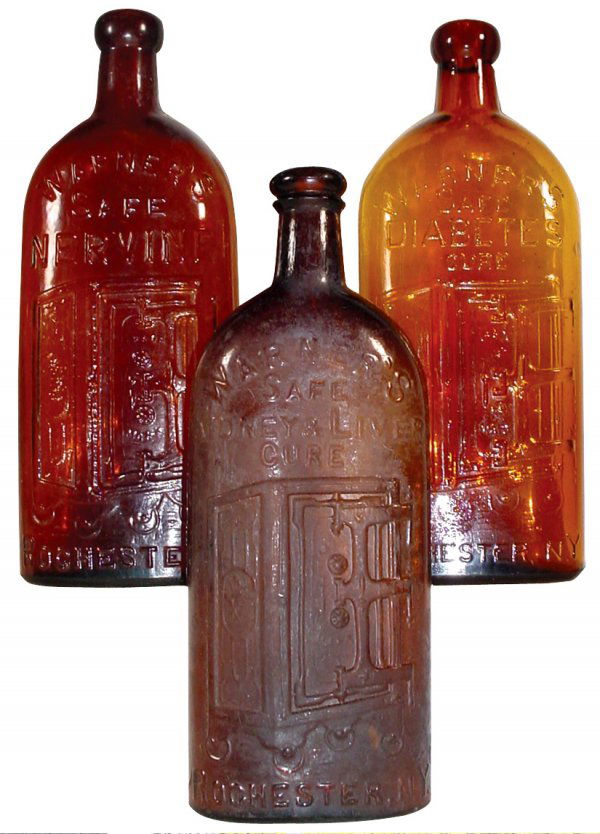 Medicine bottles (3), Warner's Safe Diabetes Cure: Medicine bottles (3), Warner's Safe Diabetes Cure, Warner's Safe Kidney & Liver Cure & Warner's Safe Nervine amber glass bottles w/embossed safes & blob tops, Nervine has bottom chips, other 2 in Exc.