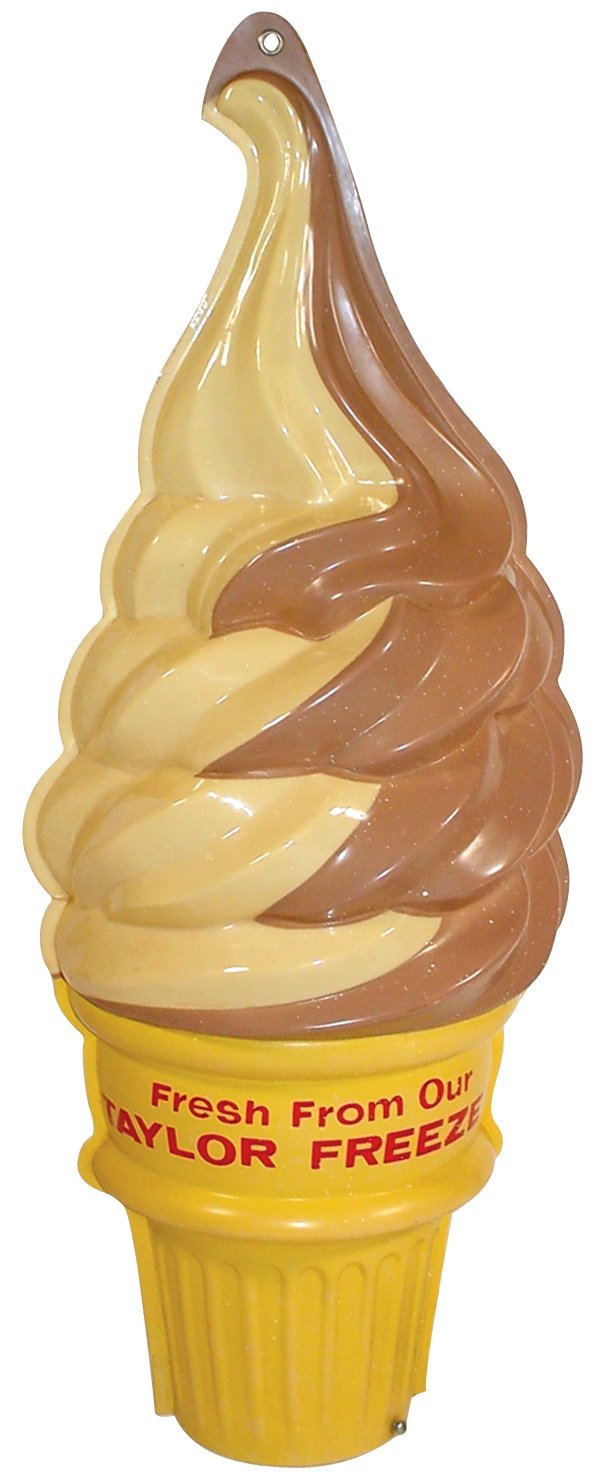 Ice cream light-up display cone, "Fresh from our: Ice cream light-up display cone, "Fresh from our Taylor Freezer", plastic, does not light up-may just need bulb, otherwise in VG cond. w/paint specks, 24"H.