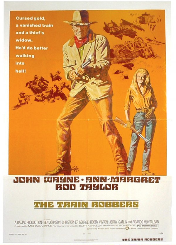 Movie poster, one sheet, The Train Robbers, starr: Movie poster, one sheet, The Train Robbers, starring John Wayne, Ann Margaret & Rod Taylor, a Warner Bros. Production, dated 1973, VG cond. w/great color, 40"H x 27"W.