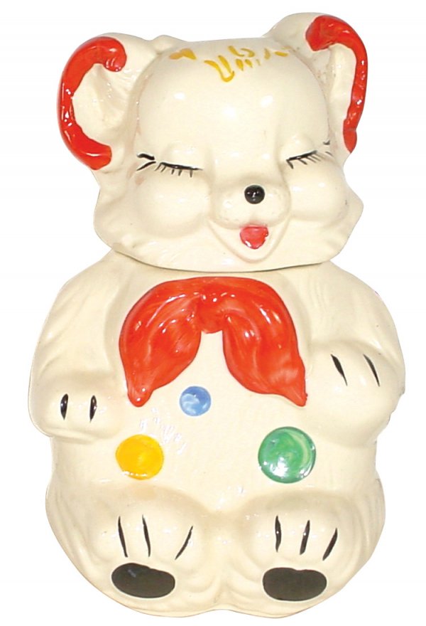 Cookie jar, Bear with eyes closed & painted inden: Cookie jar, Bear with eyes closed & painted indented spots, American Bisque, marked USA, Exc. cond., 12"H