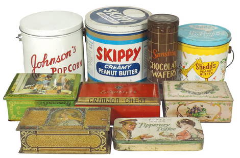 Country store tins (9), popcorn, peanut butter, wafer &: Country store tins (9), popcorn, peanut butter, wafer & candy brands, all VG cond, up to 8"H.