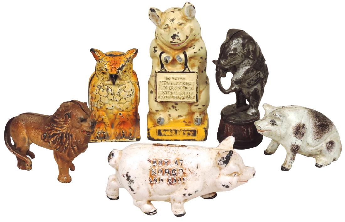 Banks (6), all painted cast iron, The Wise Pig, Norco (1 of 1)