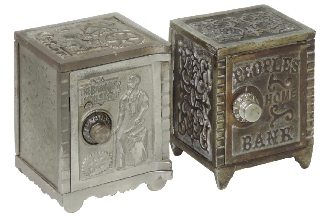 Banks (2), The Bank of Industry, mfgd by Kenton &: Banks (2), The Bank of Industry, mfgd by Kenton & Peoples Home Bank, mfgd by Mudd Mfg. Co.-Chicago, both cast iron w/orig surface, VG/Exc cond, 5.5"H x 4.25"W & 5.25"H x 4.25"W.