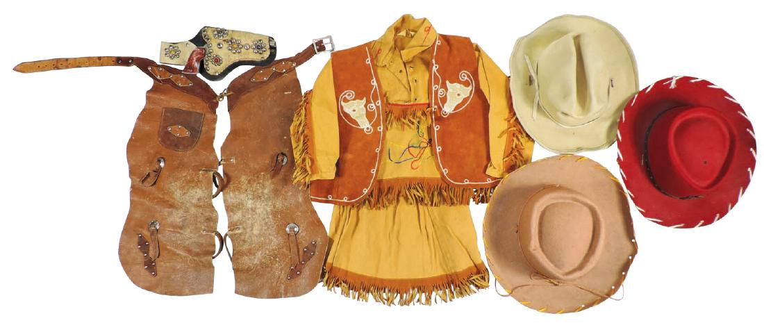 Children's cowboy clothing (8), cowgirl fringed 3-pc: Children's cowboy clothing (8), cowgirl fringed 3-pc outfit by Bar T Western Wear, Rodeo pistol & leather holster, leather chaps & 3 hats, one w/Texas Ranger badge, all VG cond w/wear.