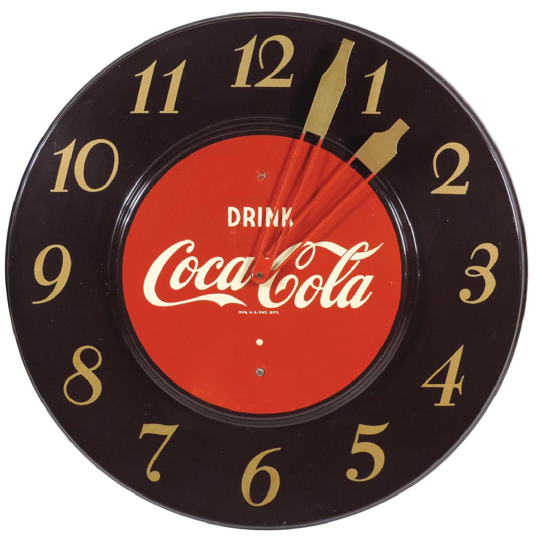 Coca-Cola clock, diecut metal, maroon, c.1951, Exc wkg (1 of 1)