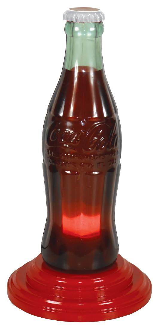 Coca-Cola display bottle on light-up wood base, Lucite (1 of 1)
