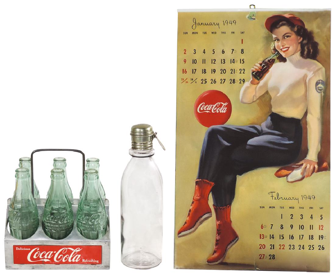 Coca-Cola syrup bottle, calendar & bottle carrier (3),: Coca-Cola syrup bottle, calendar & bottle carrier (3), L A Becker Co. embossed glass bottle w/brass Coca-Cola flip top, early 1900's, 11.5"H, 1949 calendar, short top & bottom tears on most pages, Goo
