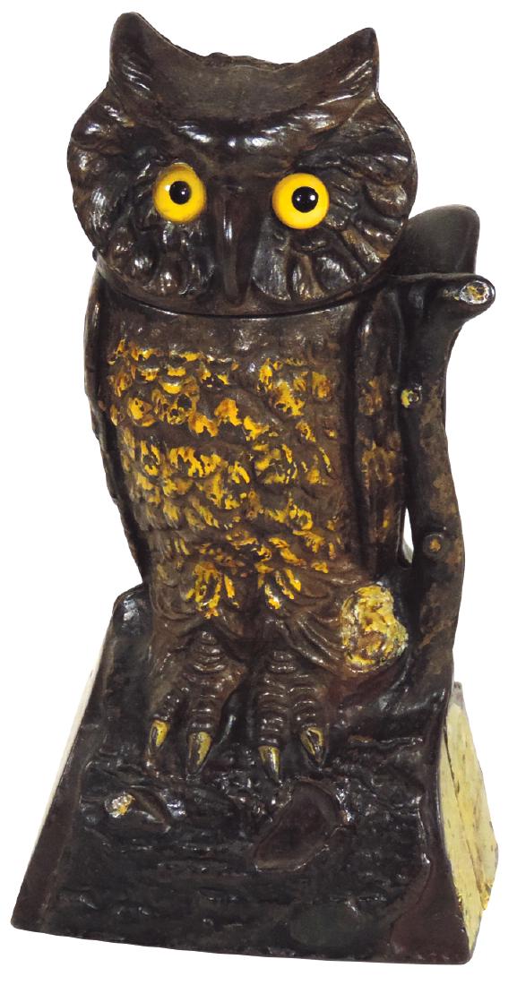 Mechanical bank, Owl Turning Head, brown, mfgd by J.& (1 of 1)