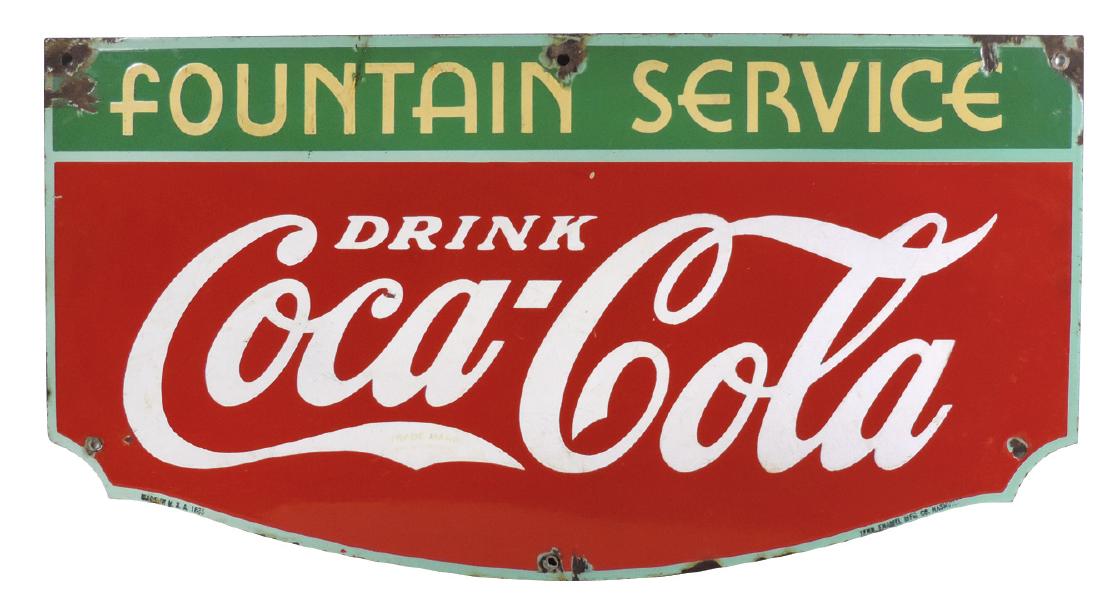 Coca-Cola sign, Fountain Service, porcelain, marked: Coca-Cola sign, Fountain Service, porcelain, marked Made in USA 1935 by Tenn. Enamel Mfg Co,-Nashville, TN, VG cond w/some surface loss primarily around top mtg holes, 14"H x 27"W.