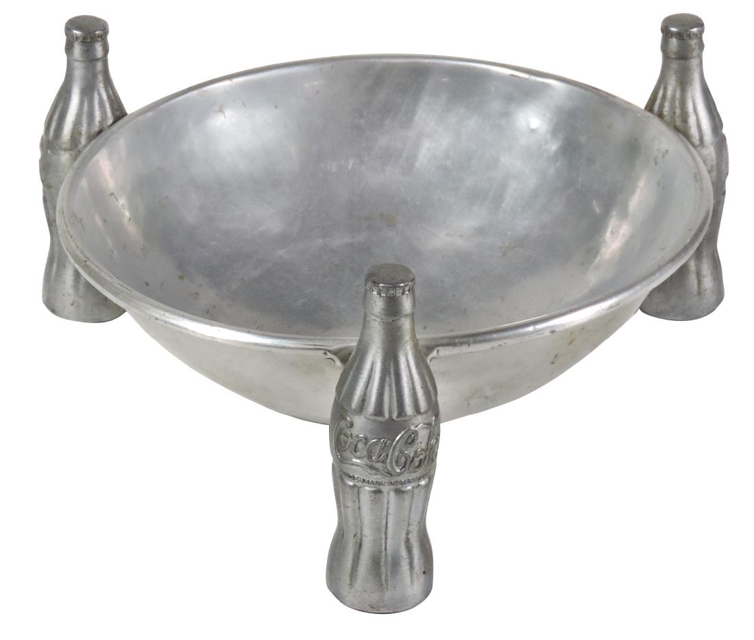 Coca-Cola, pretzel bowl, alum & cast metal, c.1935, VG+: Coca-Cola, pretzel bowl, alum & cast metal, c.1935, VG+ cond, 4"H x 8.5"Dia.