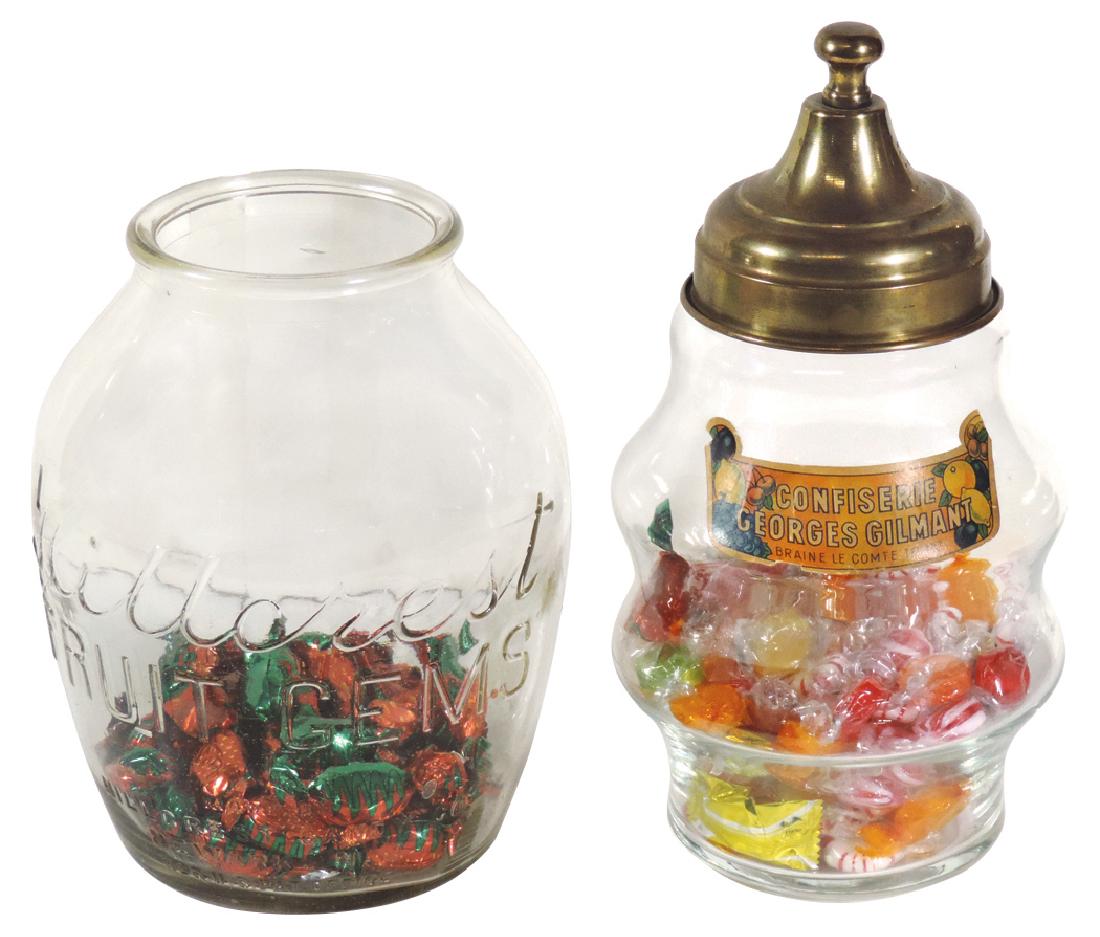 Candy show jars (2), both glass, 1 embossed Hillcrest