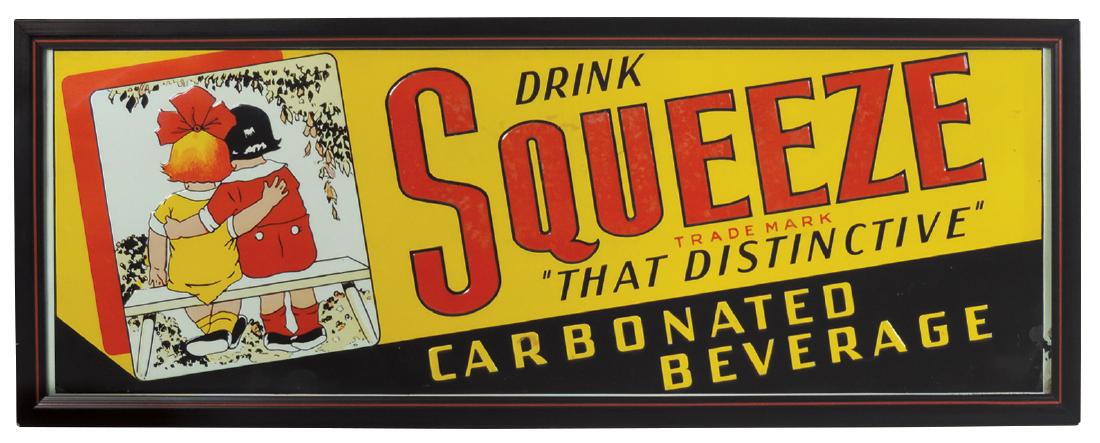 Soda fountain sign, Squeeze, embossed metal w/cute (1 of 1)