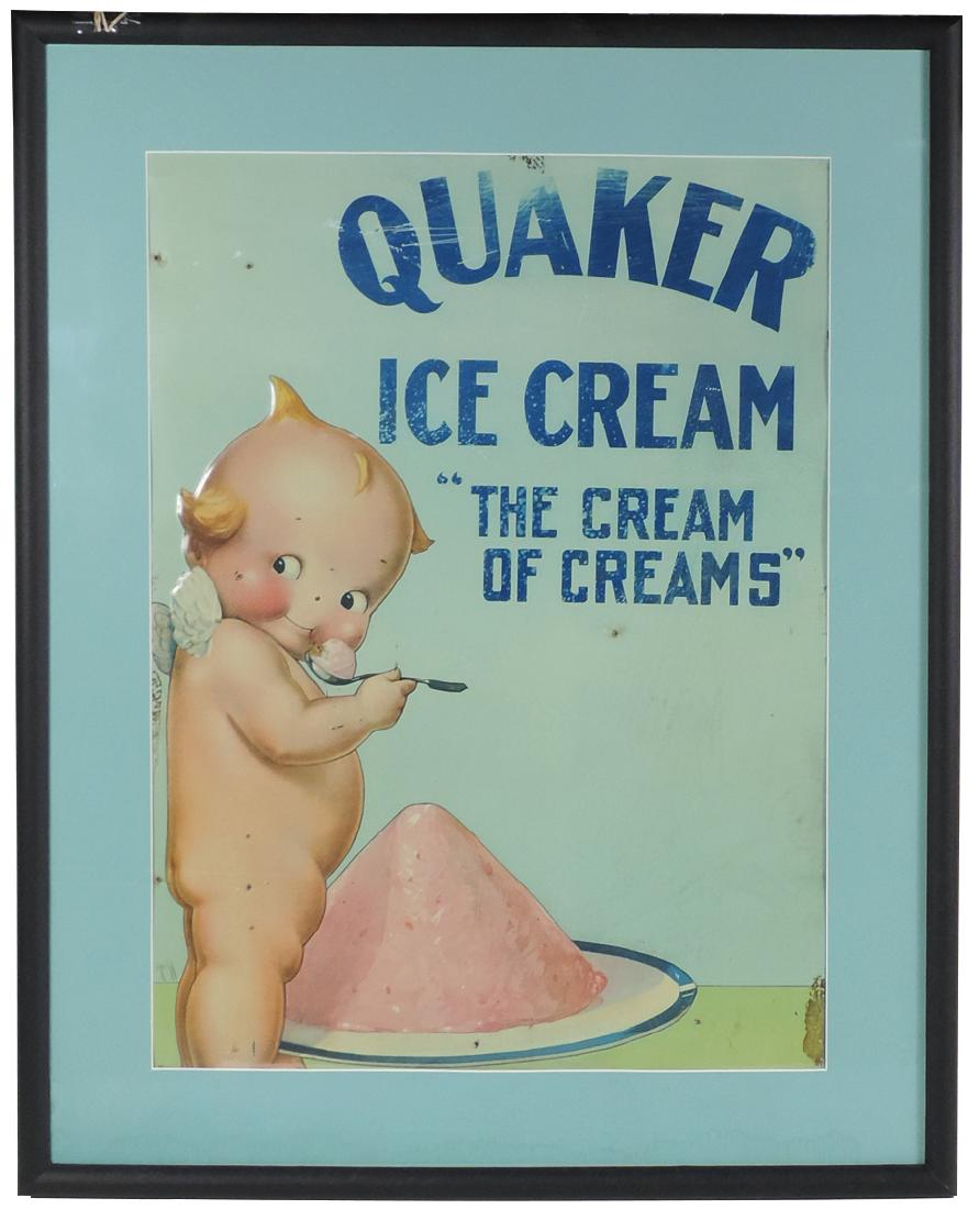 Soda fountain sign, Quaker Ice Cream w/Kewpie, embossed (1 of 1)