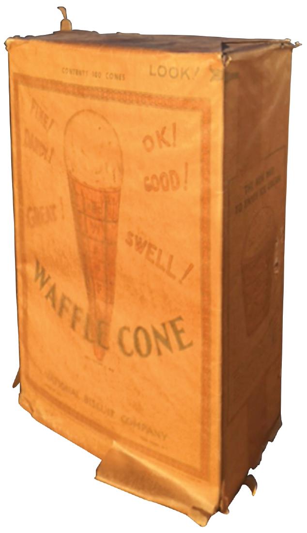 Soda fountain ice cream Waffle Cone box, mfg'd by: Soda fountain ice cream Waffle Cone box, mfg'd by National Biscuit Company, cdbd, NOS, comes w/100 waffles cones, tear in outer wrapper, o/wise Exc cond, 15"H x 11"W.
