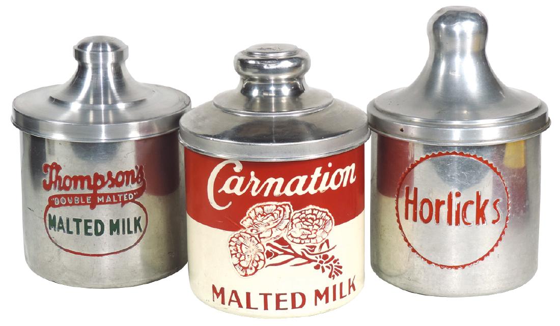 Soda fountain malted milk canisters (3), Carnation, (1 of 1)