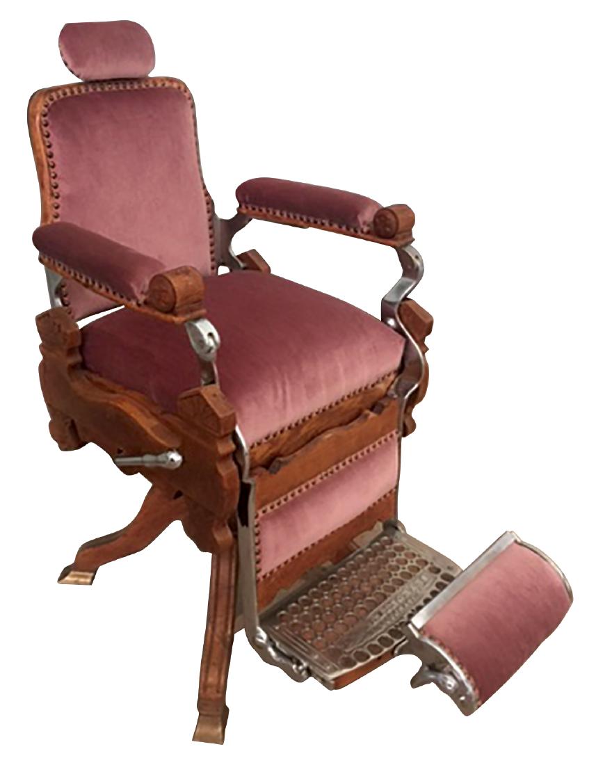 Barber chair, oak w/mauve upholstery, mfgd by Eugene (1 of 1)