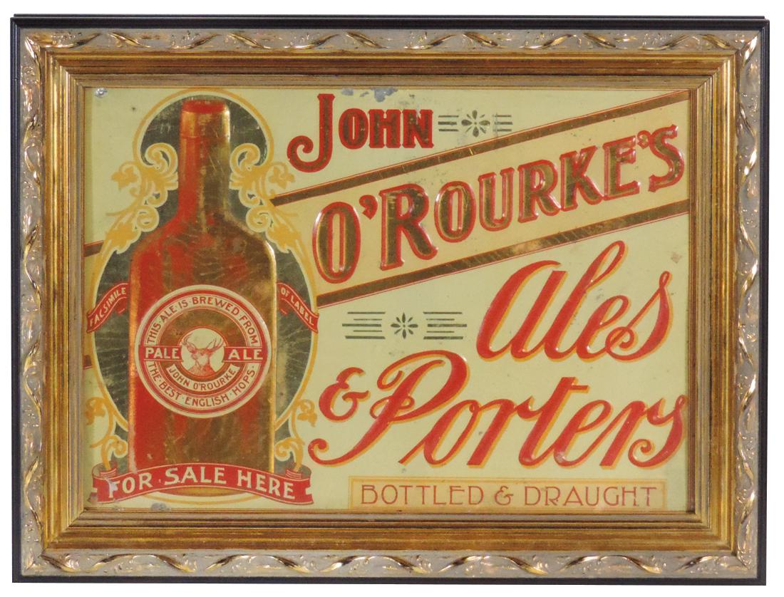 Breweriana sign, John O'Rourke's Ales & Porters,: Breweriana sign, John O'Rourke's Ales & Porters, embossed metal framed under glass, VG+ cond w/minor wear, 12.5"H x 16.5"W.
