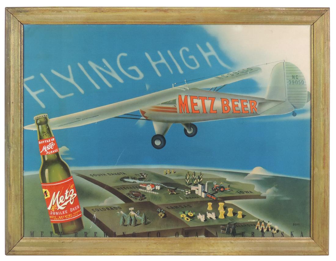Breweriana sign, Metz Beer, from Metz Brewing: Breweriana sign, Metz Beer, from Metz Brewing Co.-Omaha, NE, litho on cdbd w/airplane graphic, VG cond w/minor surface scratch, 20"H x 26"W.