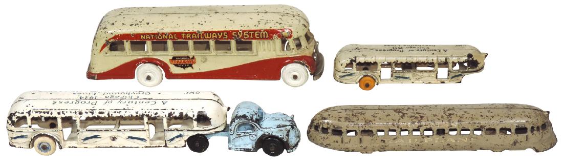 Toy buses & railplane (4), all Arcade cast iron, (1 of 1)