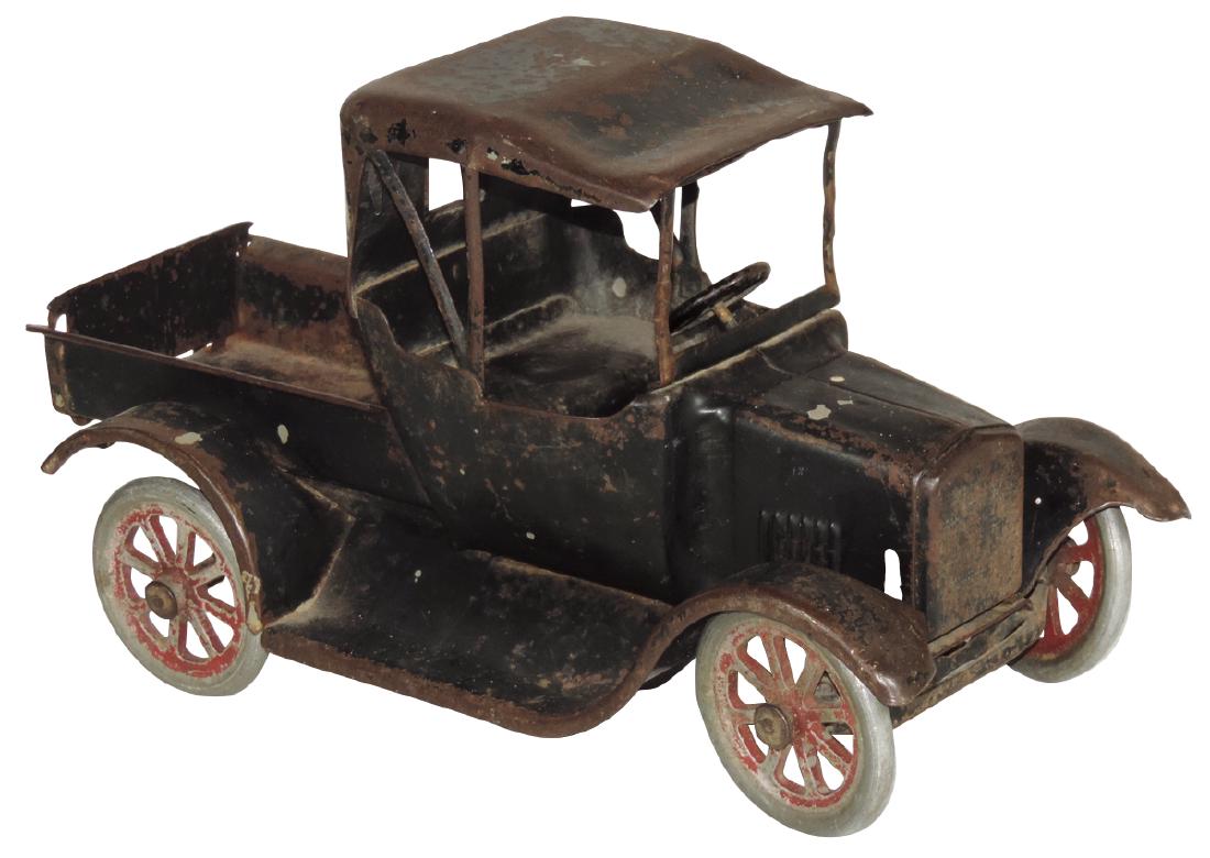 Toy Buddy "L" Ford Model T Flivver Truck, Model 210,: Toy Buddy "L" Ford Model T Flivver Truck, Model 210, Type II, painted pressed steel w/red spoke wheels & alum tires, overall paint loss & dent in front of roof, Good+ cond, 12"L.