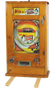 Coin-operated allwin game, Win a Choc-Bar, by Oliver: Coin-operated allwin game, Win a Choc-Bar, by Oliver Whales-Redcar, oak case w/glass windows, c.1950's, VG non-wkg cond, 33"H x 18"W.