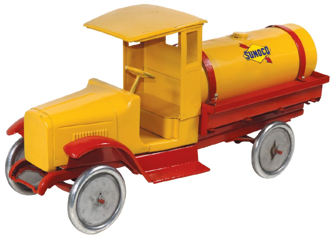 Toy Buddy "L" Tanker Truck, Sunoco, painted pressed: Toy Buddy "L" Tanker Truck, Sunoco, painted pressed steel, some dents in tank, an older restoration in VG cond, 24"L.