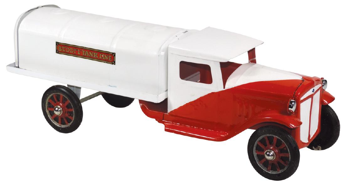 Toy Buddy "L" Tank Line, painted press steel, red &: Toy Buddy "L" Tank Line, painted press steel, red & white, embossed Buddy "L" in doors, decals on both sides of tank, hard rubber tires, VG+ Restored cond, 19.5"L.
