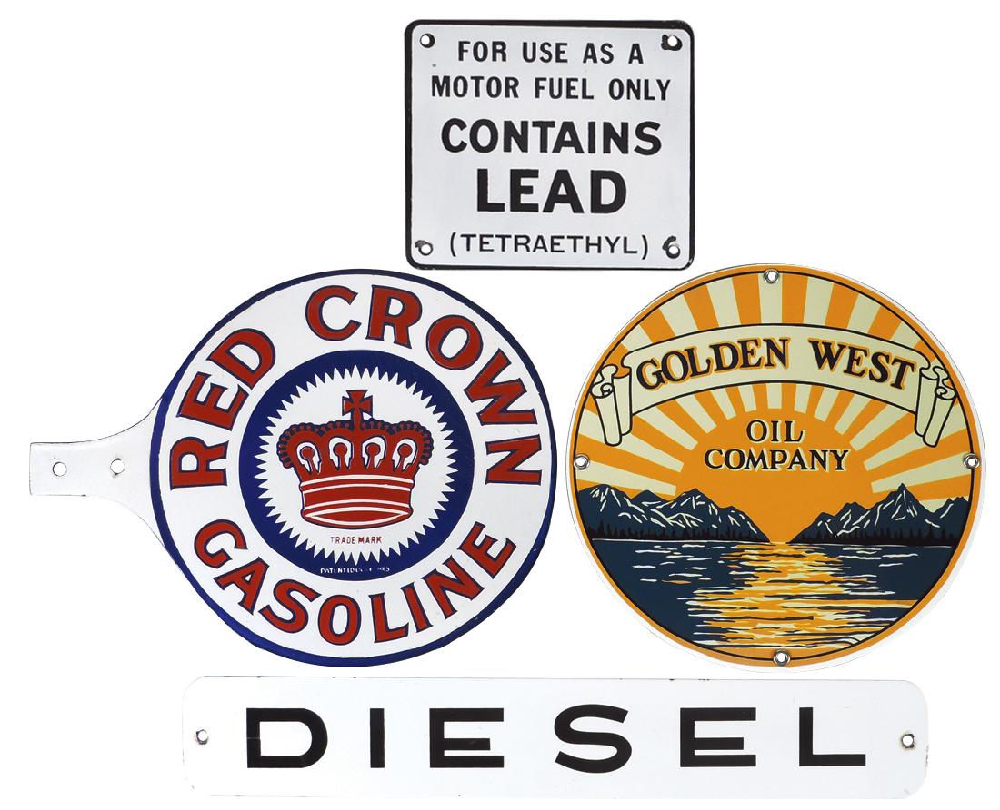 Petroliana signs (4), contemporary Red Crown Gasoline,: Petroliana signs (4), contemporary Red Crown Gasoline, 2-sided, Golden West Oil Co., Contains Lead, 2-sided & Diesel, all porcelain, all Exc cond, up to 10"Dia.