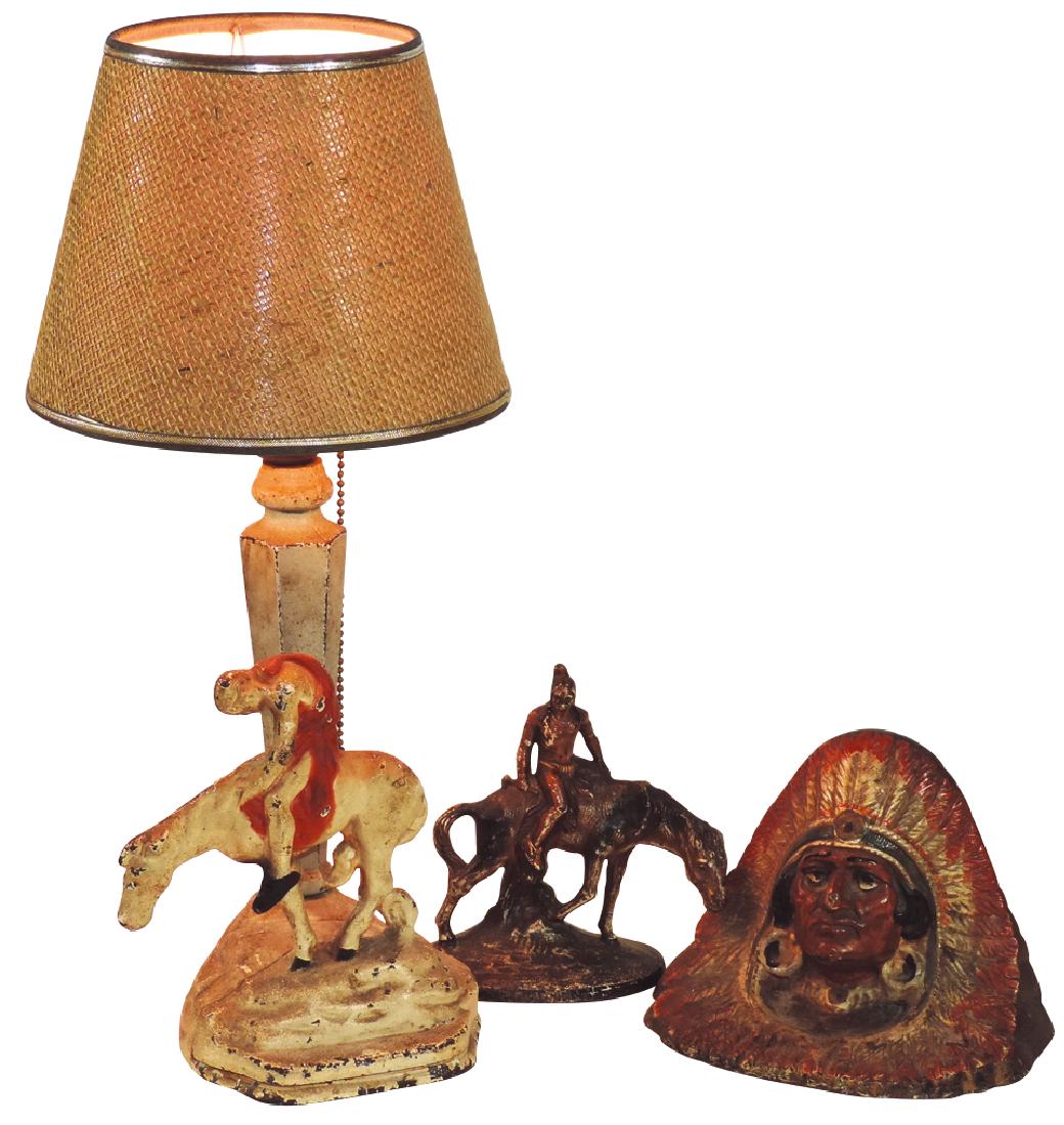 Doorstops & lamp (3), Native American, all painted cast