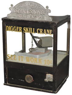 Coin-operated arcade game, Miniature Steam Shovel, 10: Coin-operated arcade game, Miniature Steam Shovel, 10 Cent play, electric, wood & glass case w/cast metal marquee, comes w/prizes shown, c.1940's, missing backdoor, o/wise VG wkg cond, 35"H x 24"W x 1