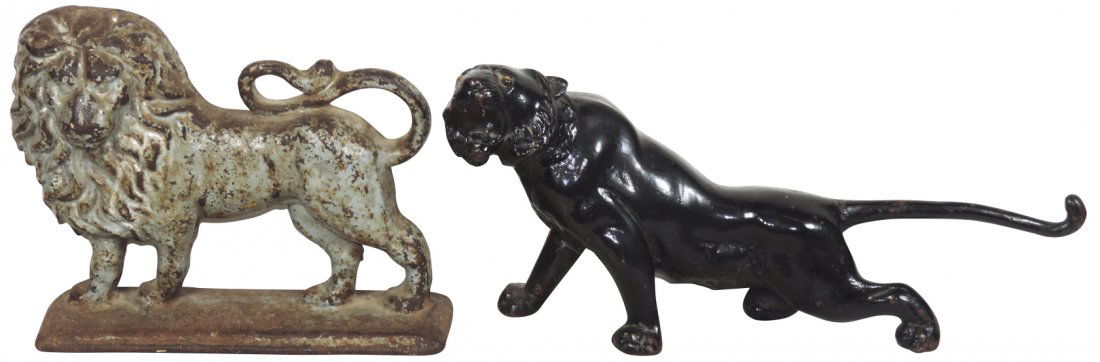 Doorstops (2), lion & cougar, cast iron, both in VG: Doorstops (2), lion & cougar, cast iron, both in VG cond w/orig surface, up to 9"H & 16"L.