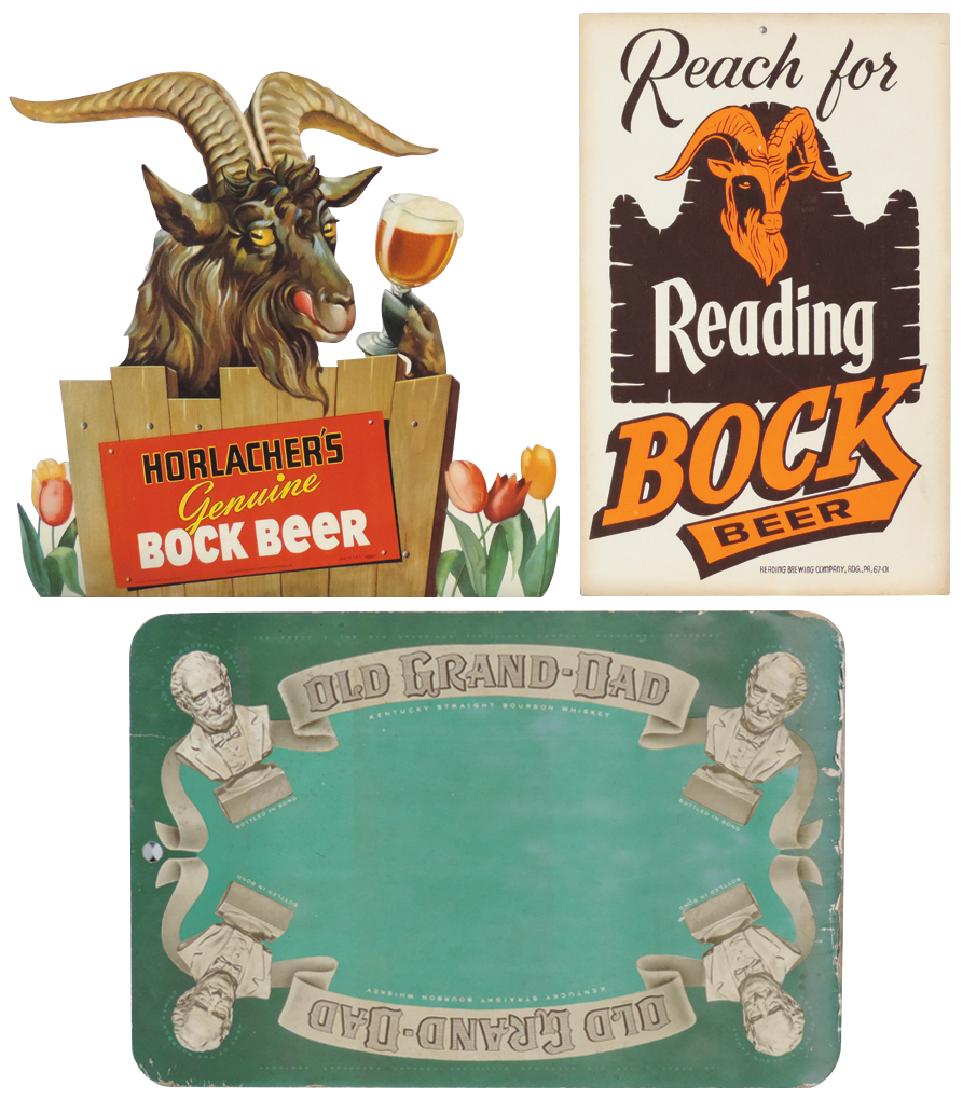 Breweriana signs (3), Horlacher's Bock Beer, diecut: Breweriana signs (3), Horlacher's Bock Beer, diecut cdbd standup, Reading Bock Beer, cdbd & PM Blended Whiskey/Old Grand-Dad Whiskey, cdbd, VG, VG & Fair to Good cond, up to 27"H x 18"W.