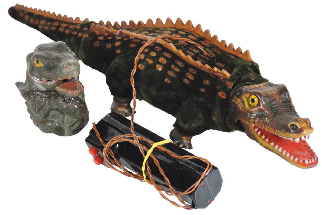 Toy alligator & alligator bank, Marx velvet-covered (1 of 1)