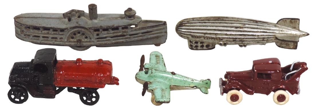 Toys (5), Austin Wrecker w/replaced rubber tires, minor: Toys (5), Austin Wrecker w/replaced rubber tires, minor chipping, an older restoration in VG cond, AMC Airplane 361, Exc cond w/minor paint wear, A. C. Williams Gasoline Tanker, VG cond w/an older res