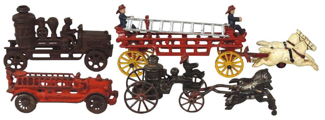 Toy fire trucks (4), all cast iron, pumper w/integral (1 of 1)