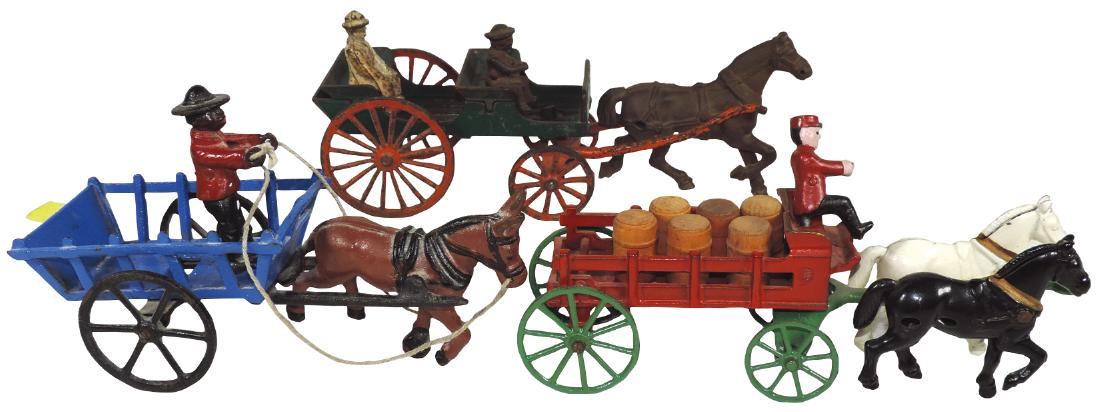 Toy horse-drawn wagons & mule cart (3), all cast iron, (1 of 1)