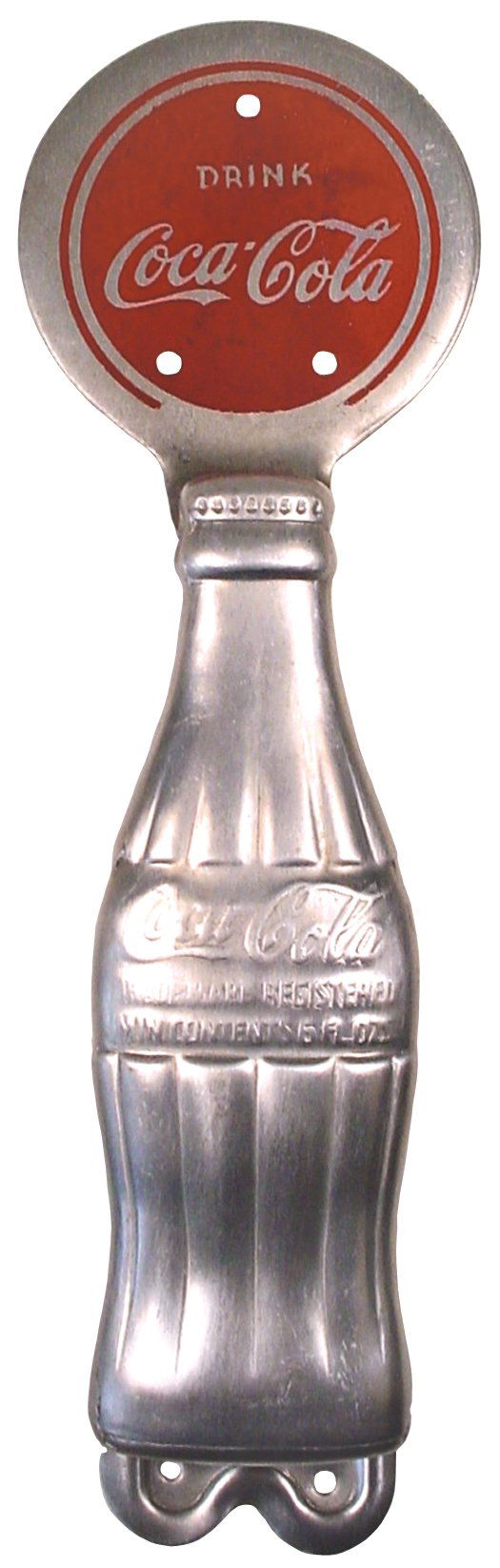 Coca-Cola door pull, 1930's aluminum bottle-shaped: Coca-Cola door pull, 1930's aluminum bottle-shaped handle, new old stock w/3/4" scratch in red circle, otherwise in Exc+ cond, 11"H.