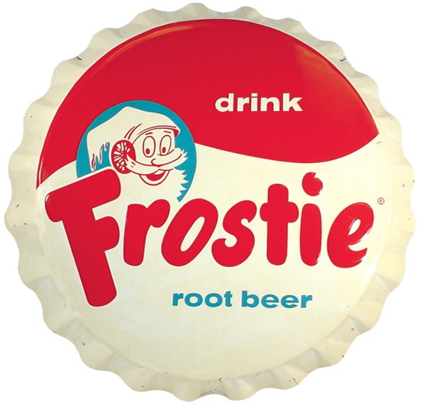 Frostie Root Beer bottle cap sign, red, white & bl: Frostie Root Beer bottle cap sign, red, white & blue litho on diecut embossed tin, old & original in Exc cond, 34"Dia.