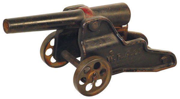 Winchester canon, cast iron w/1" barrel, shoots 10: Winchester canon, cast iron w/1" barrel, shoots 10 gauge shell, W.R.A. Co. Trade Mark Registered in U.S.A. on side castings, c.1901, Exc working cond w/orig black & red paint, 7.5"H x 17"L.