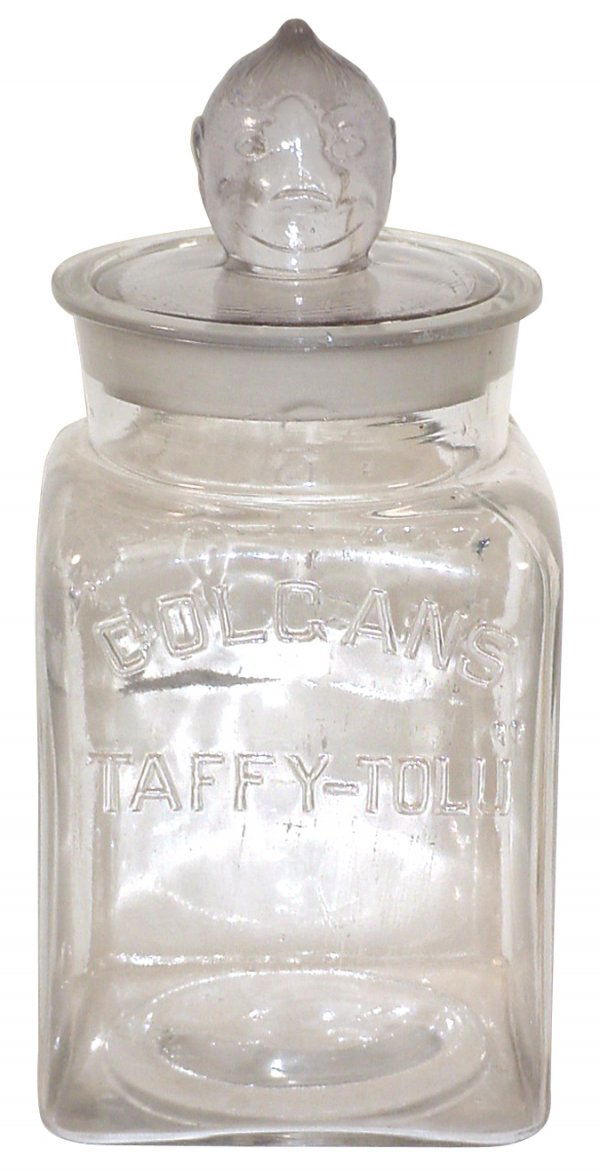 458 Colgan's TaffyTolu Chewing Gum jar, embossed glas