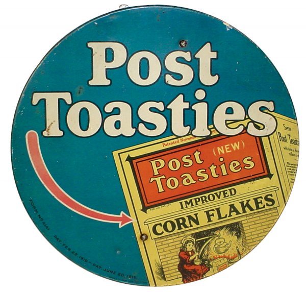 Advertising string holder, Post Toasties Corn Flak: Advertising string holder, Post Toasties Corn Flakes, litho on tin, dated 1916, complete w/string & paper instructions on back, VG to Exc cond, 12"Dia.